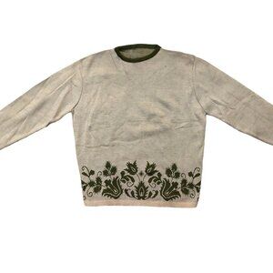 Vintage 1940s-1950s 3/4 Sleeve Crewneck Beige Olive Green Floral Woven Sweater